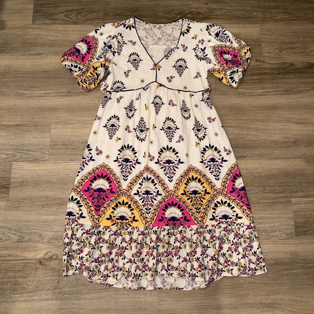 FIG & FLOWER Boho Floral Dress Short Sleeve V Neck Midi Size S